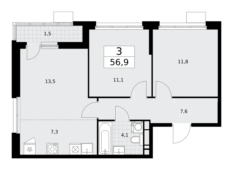 3-комн. 56.9 м²