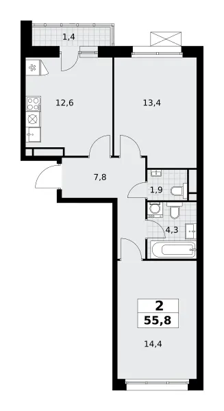 2-комн. 55.8 м²