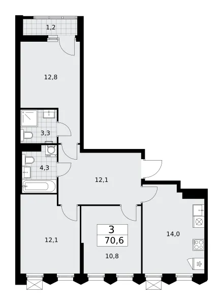 3-комн. 70.6 м²