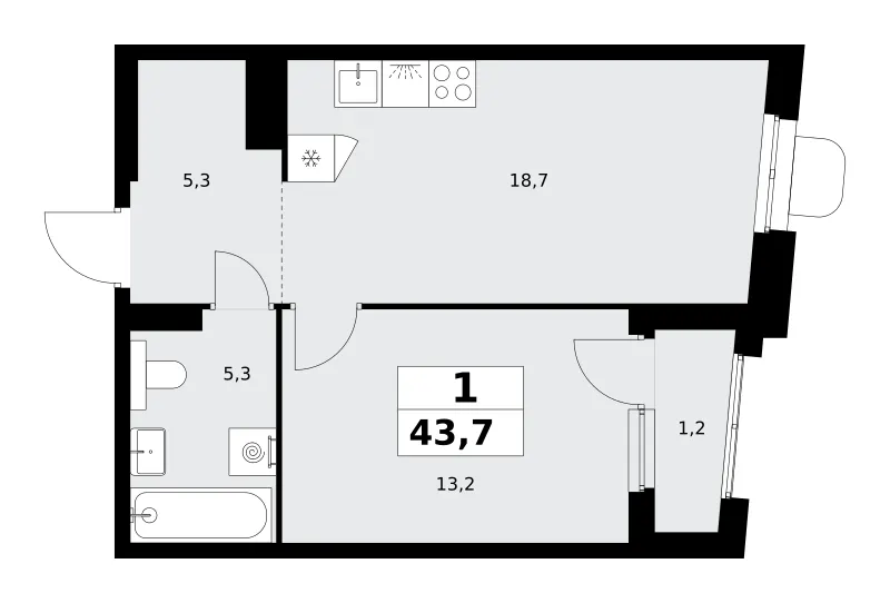 1-комн. 43.7 м²