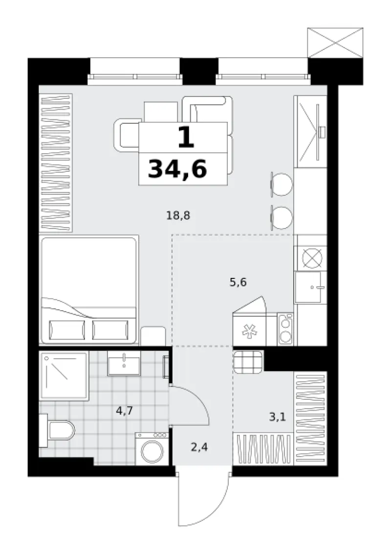 Студия 34.6 м²
