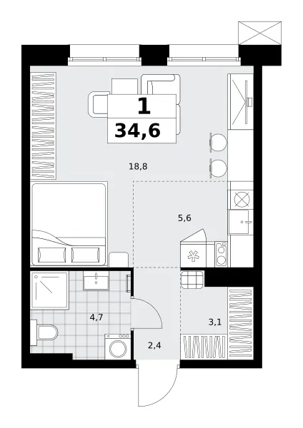 Студия 34,6 м²