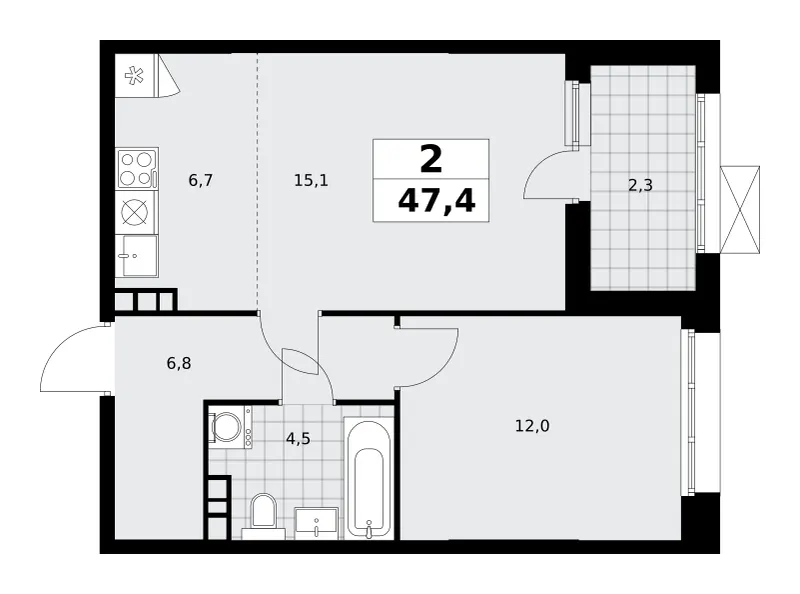 2-комн. 47.1 м²