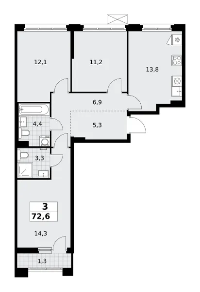 3-комн. 72.6 м²