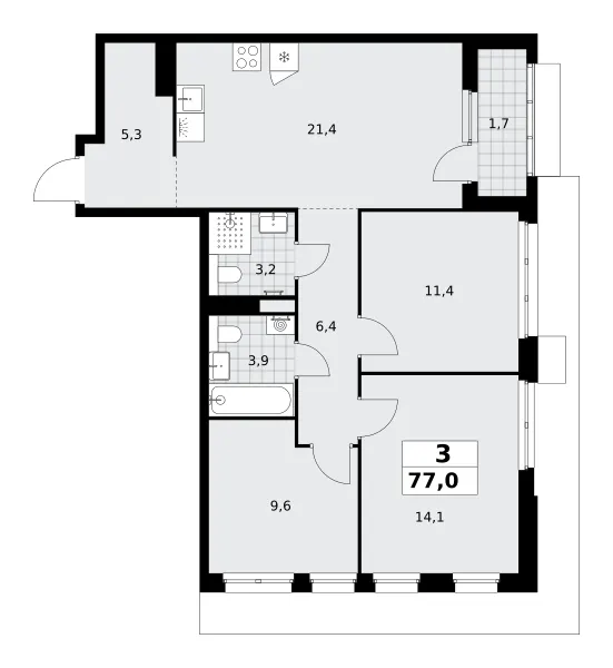3-комн. 77 м²
