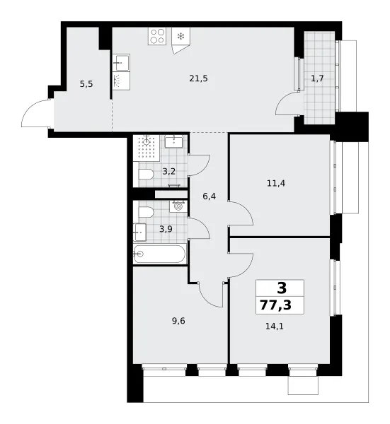 3-комн. 77.3 м²