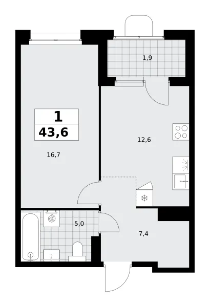 1-комн. 43.6 м²