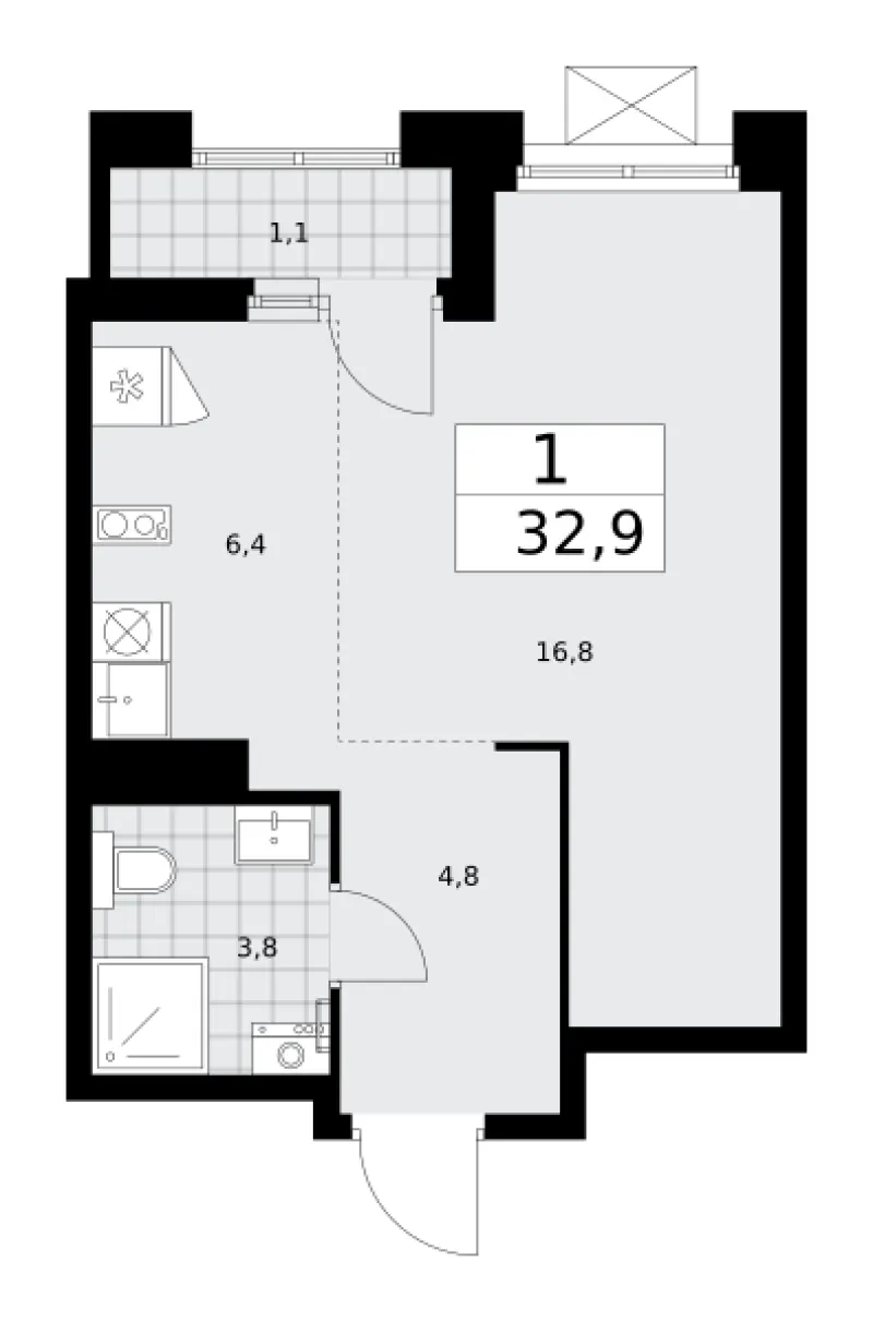 Студия 32.9 м²