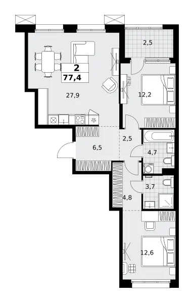 2-комн. 77.4 м²