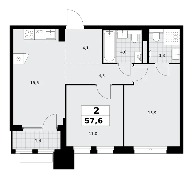 2-комн. 57.6 м²