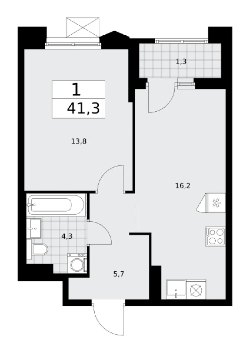 1-комн. 41.3 м²