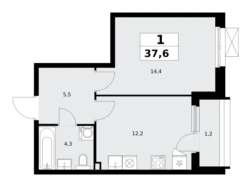 1-комн. 37.6 м²