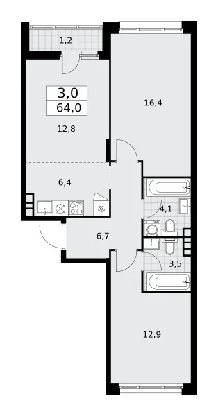 3-комн. 64 м²