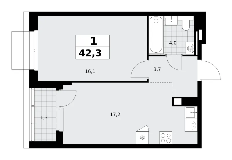 1-комн. 42.3 м²
