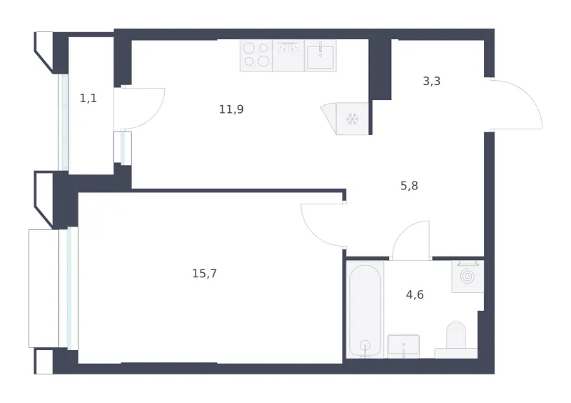 1-комн. 42.4 м²