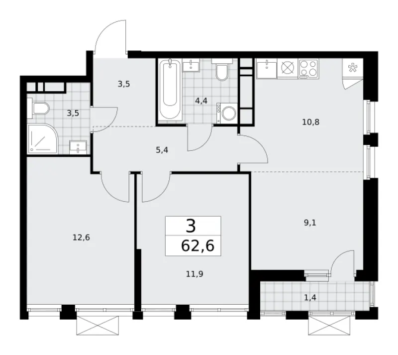 3-комн. 62.6 м²