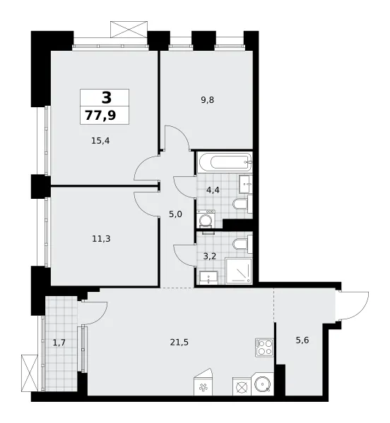 3-комн. 77,9 м²