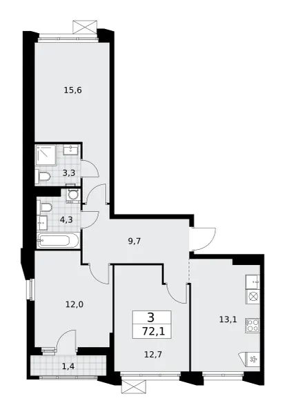 3-комн. 72.1 м²