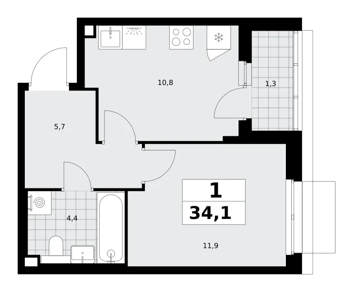 1-комн. 34.1 м²