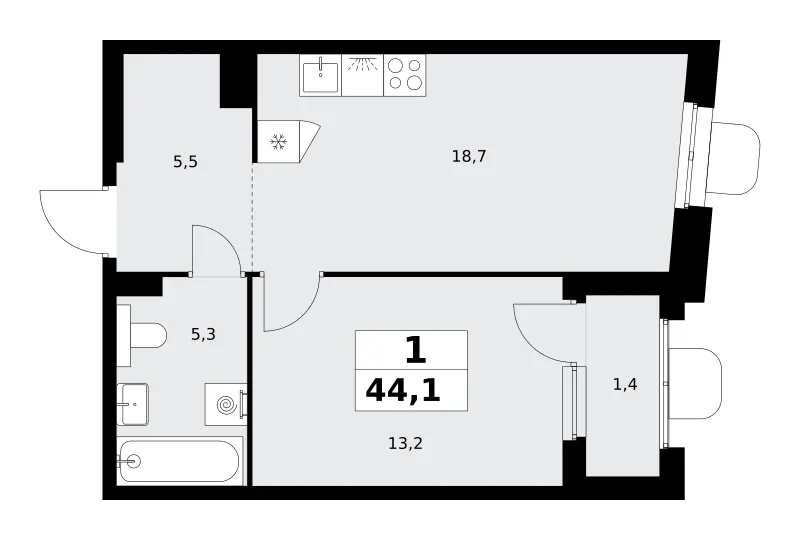 1-комн. 44.1 м²