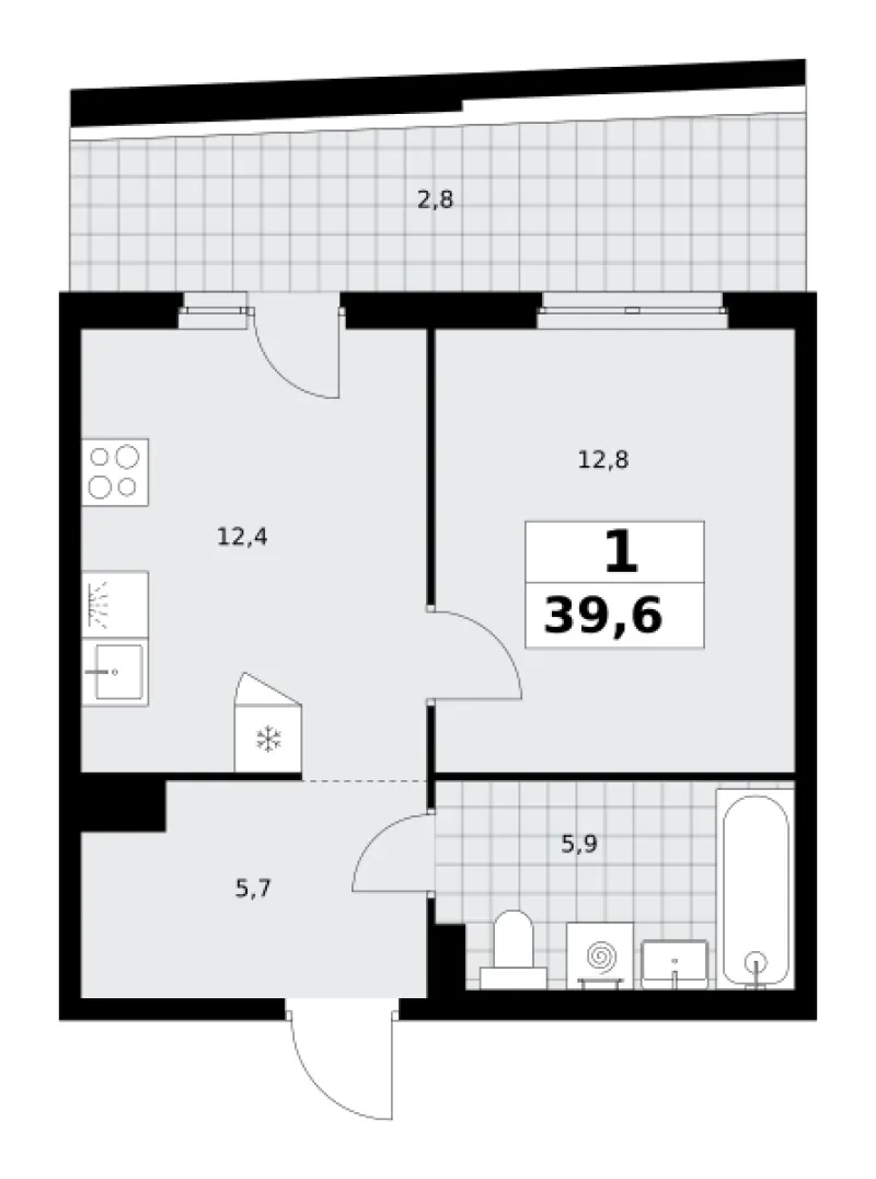 1-комн. 39.6 м²
