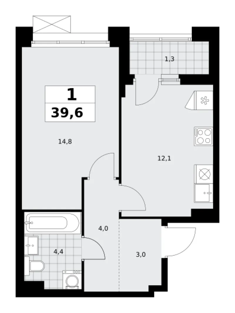 1-комн. 39.6 м²