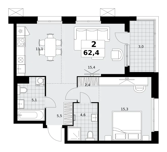 2-комн. 62.4 м²
