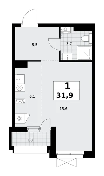 Студия 31.9 м²