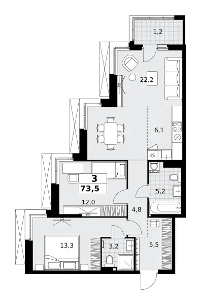 3-комн. 73.5 м²