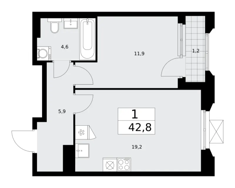 1-комн. 42.8 м²