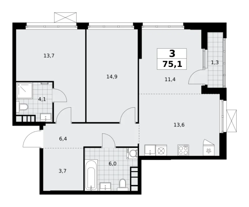 3-комн. 75.1 м²