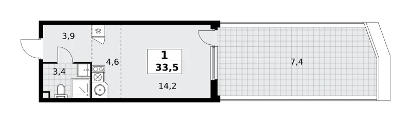 Студия 33.5 м²