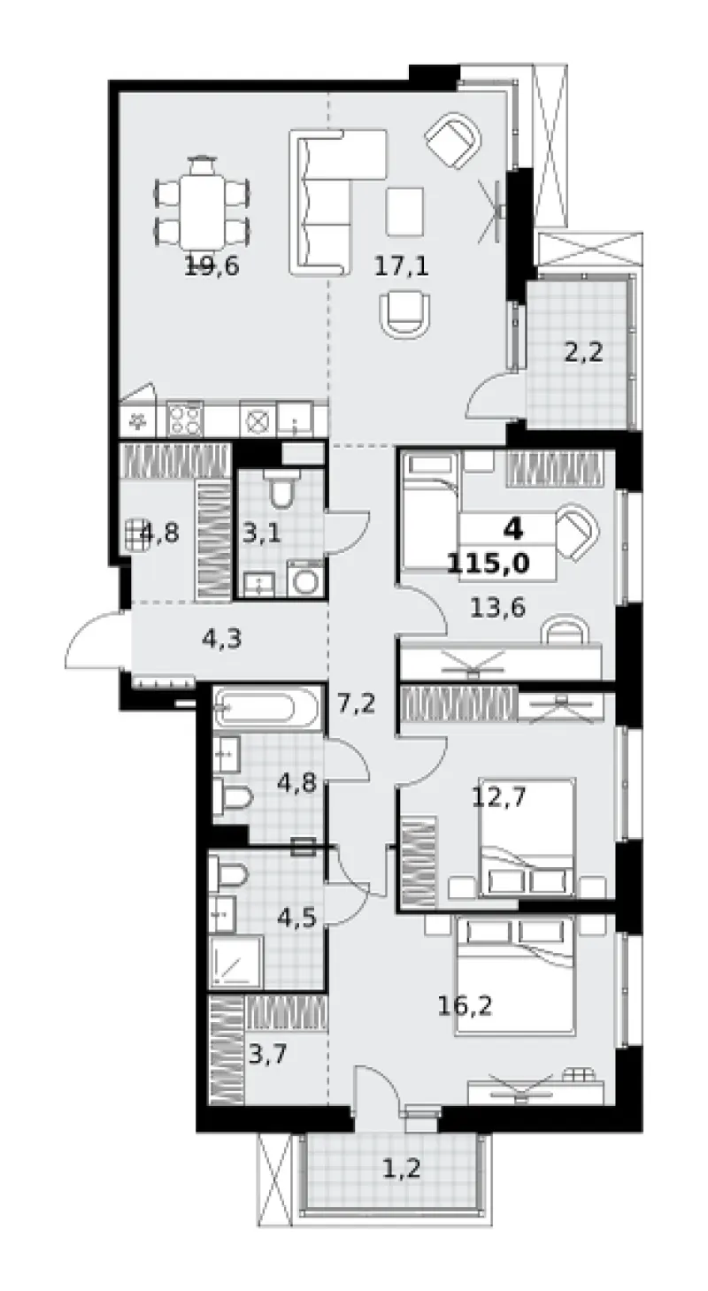 4-комн. 115 м²