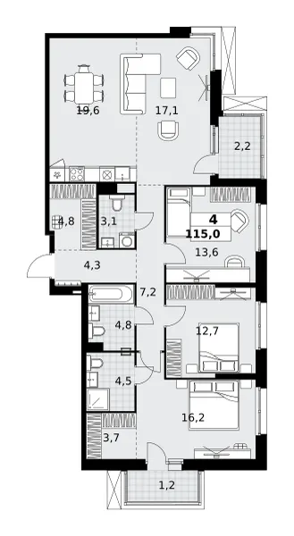 4-комн. 115 м²