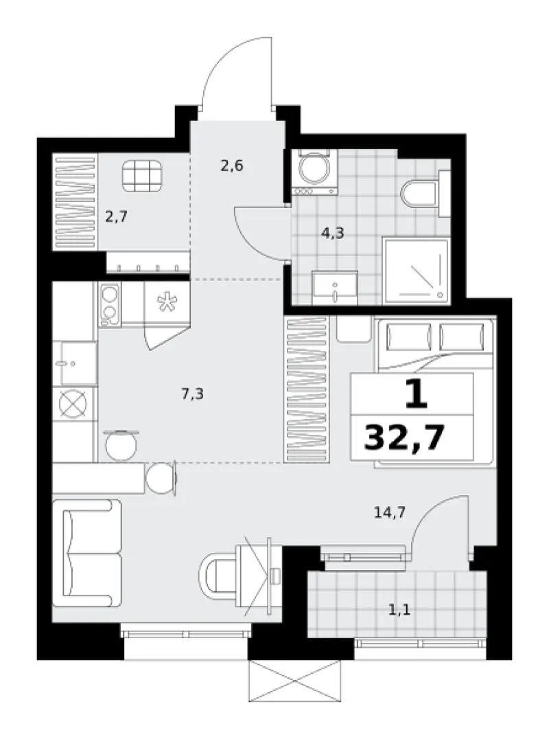 Студия 32.7 м²