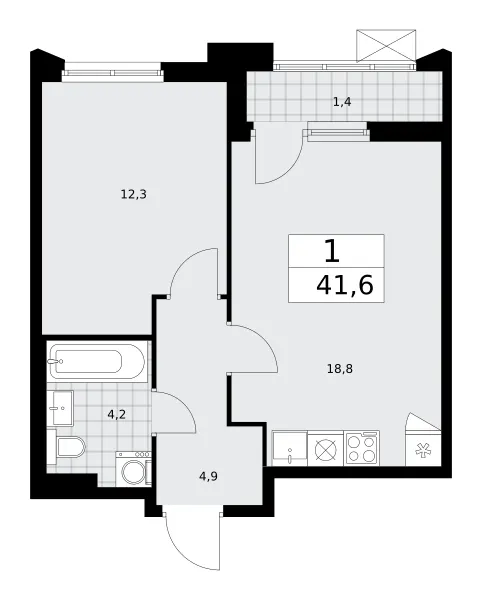 1-комн. 41.6 м²