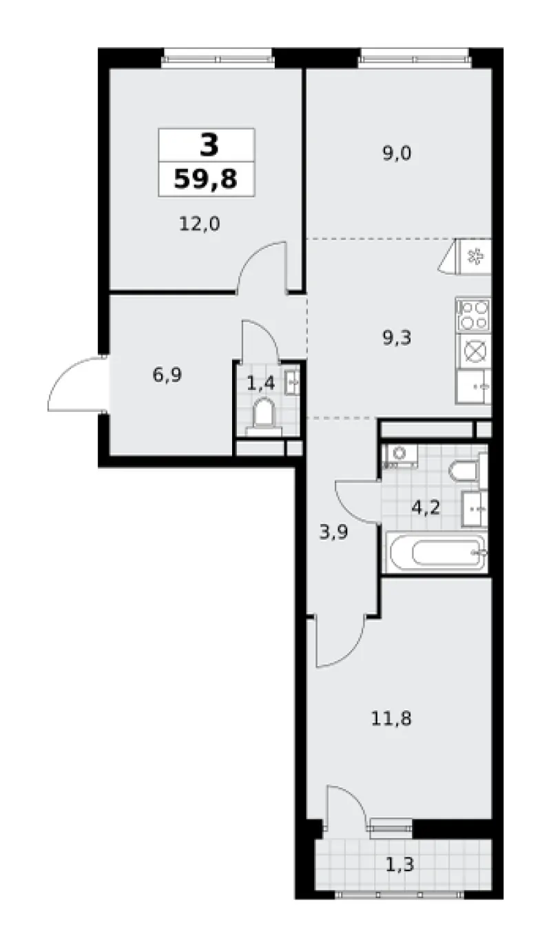 3-комн. 59.8 м²