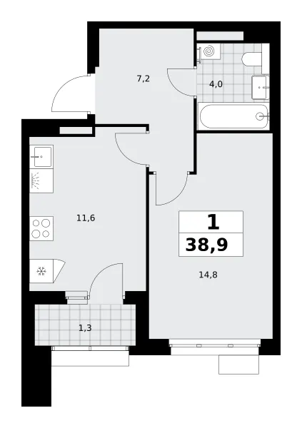 1-комн. 38.9 м²
