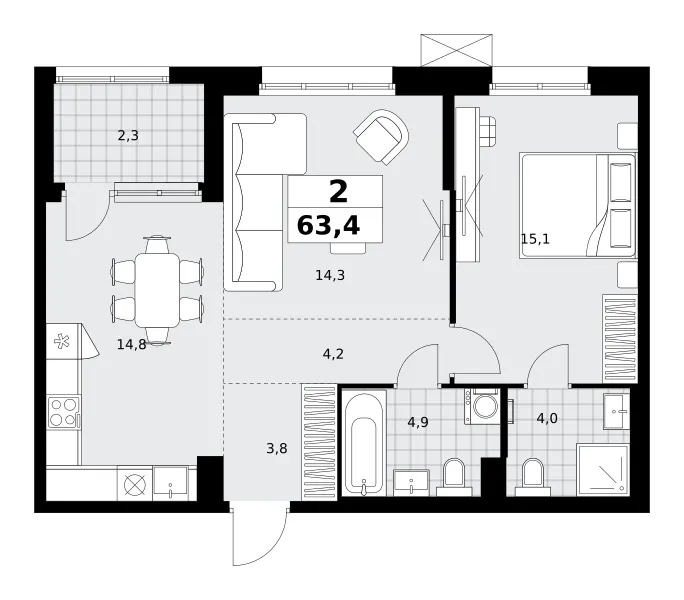 2-комн. 63.4 м²