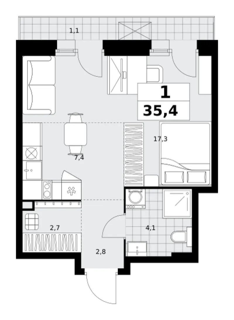 Студия 35.4 м²