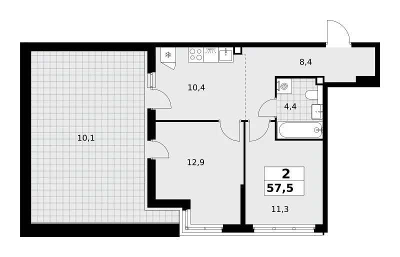 2-комн. 57.5 м²