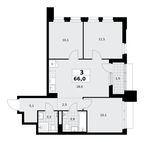 3-комн. 66 м²