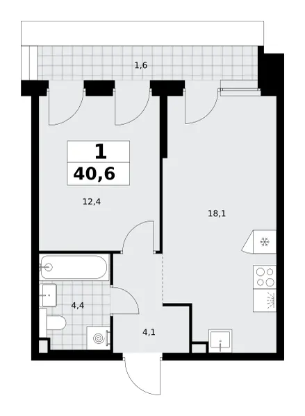 1-комн. 40.6 м²