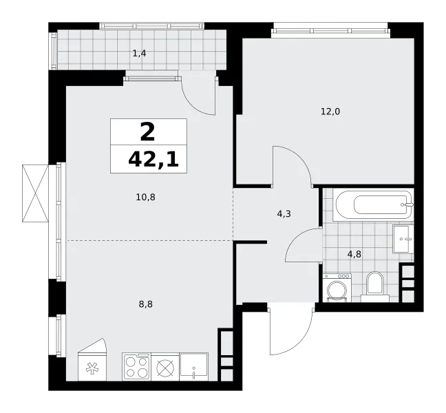 2-комн. 42.1 м²