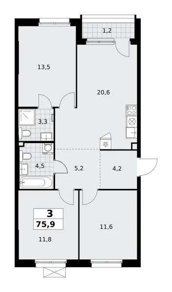 3-комн. 75.9 м²
