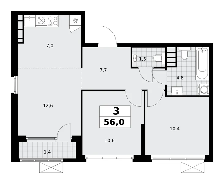 3-комн. 56 м²