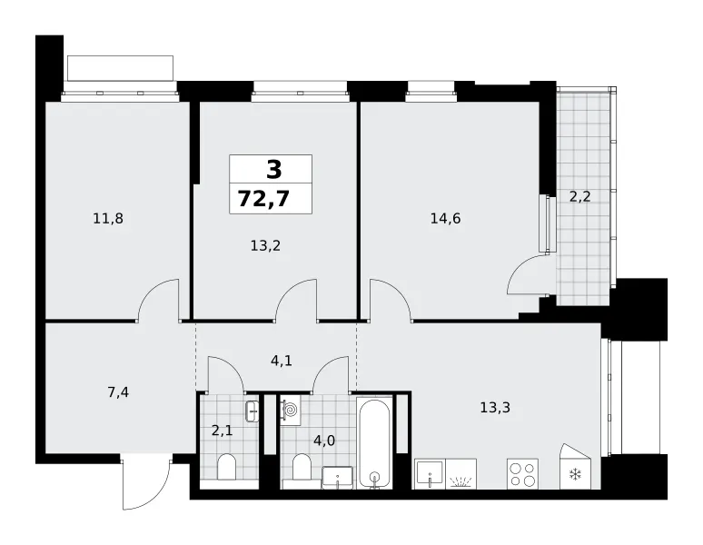 3-комн. 72.7 м²