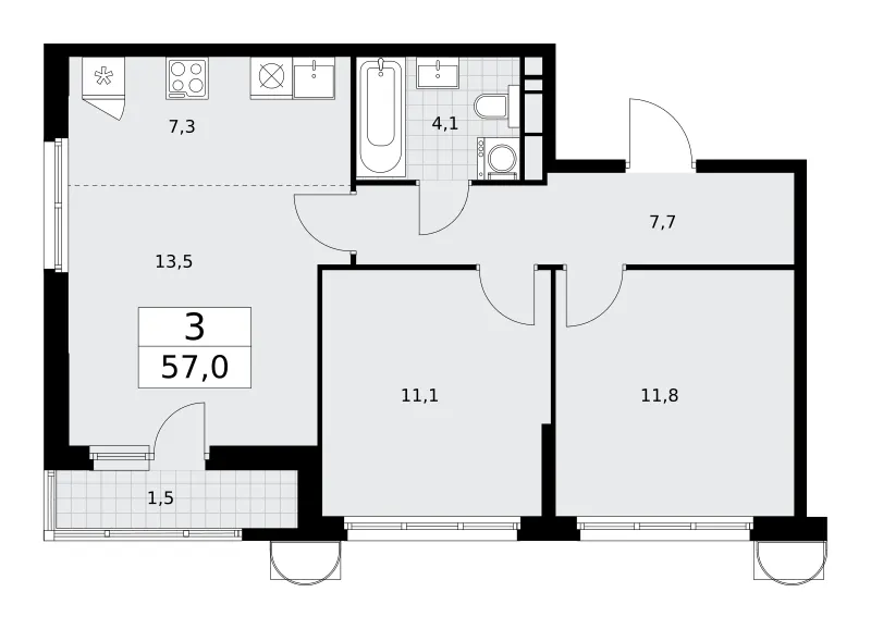 3-комн. 57 м²