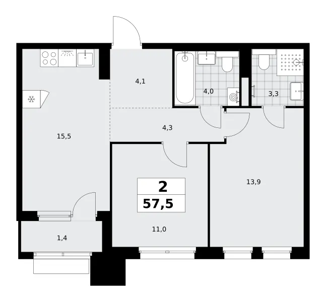 2-комн. 57.5 м²
