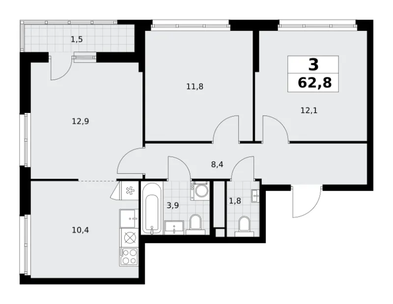 3-комн. 62.8 м²
